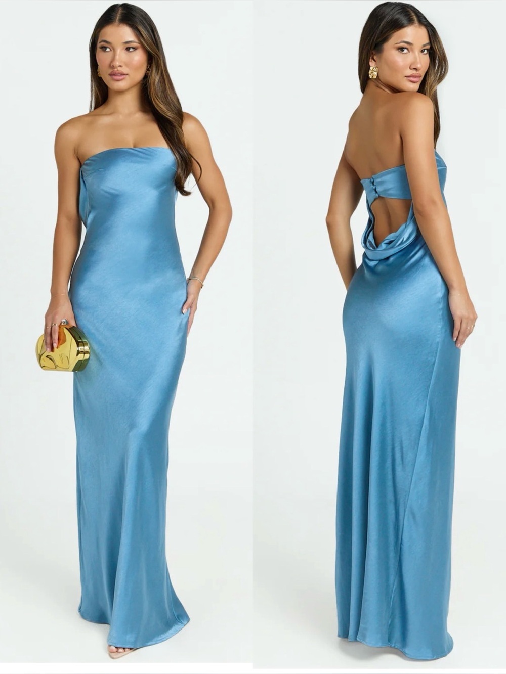NWT SHOWPO Charlita Maxi Dress Cowl Back Satin in Steel Blue , size 8